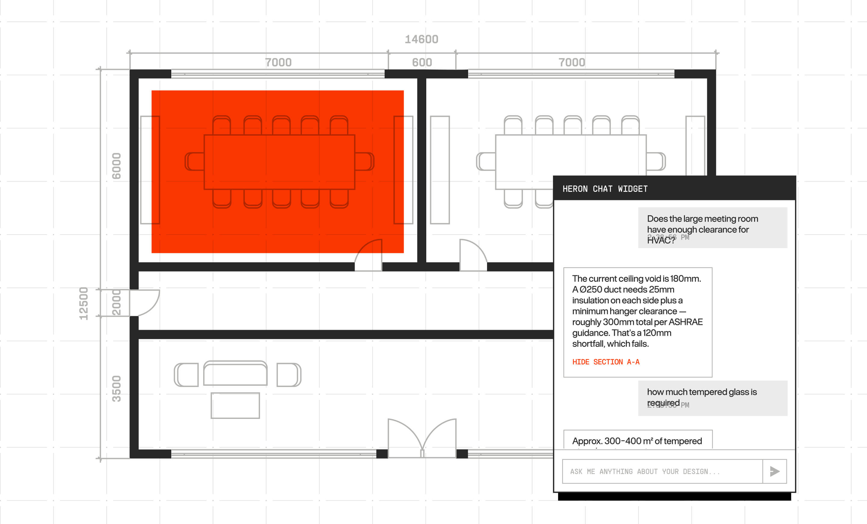 Architectural floor-plan example with one room highlighted and an accompanying chat panel.