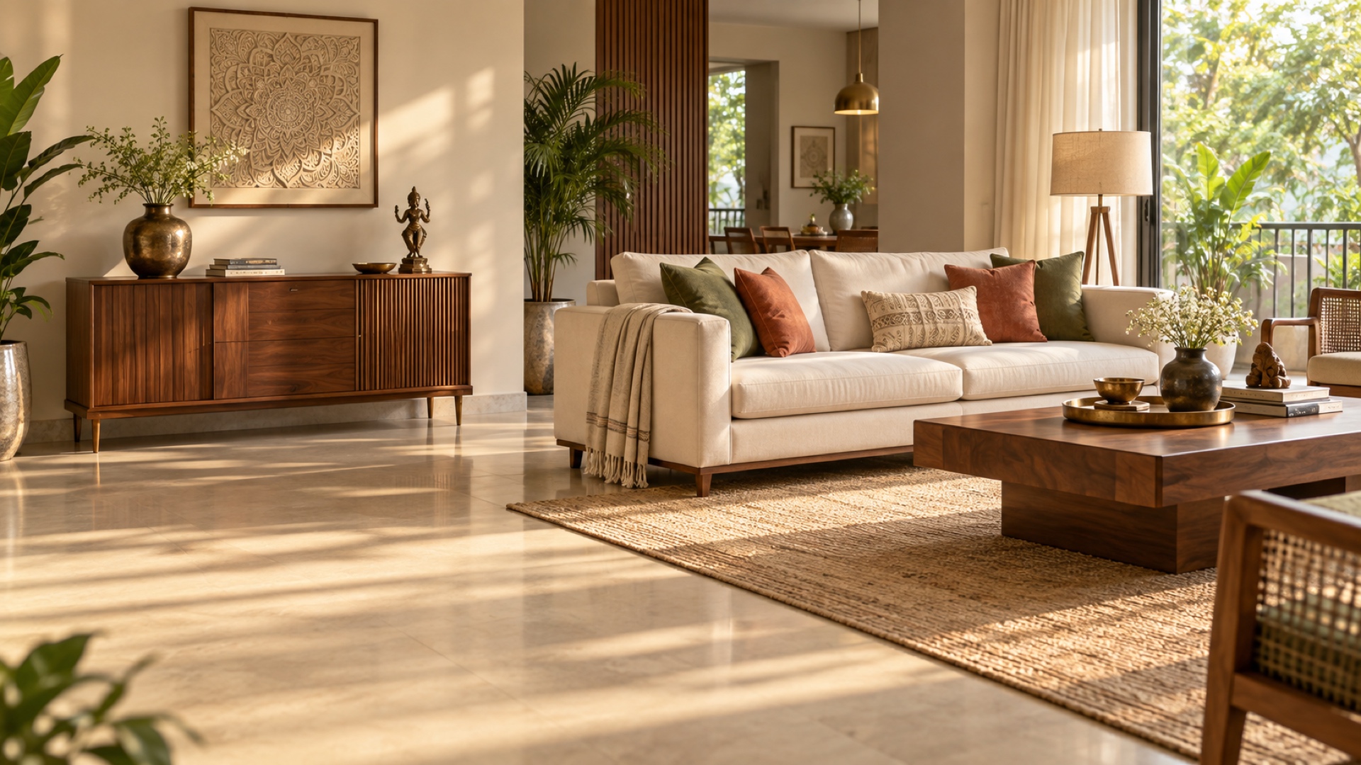 Sunlit Vaastu living room with sofa, console and clear centre