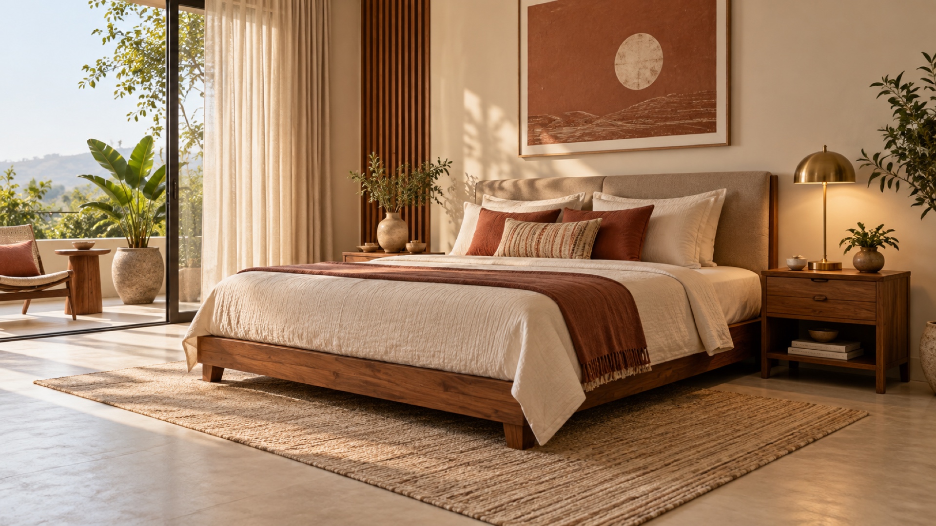 Warm Vaastu bedroom with a grounded bed and balanced side table