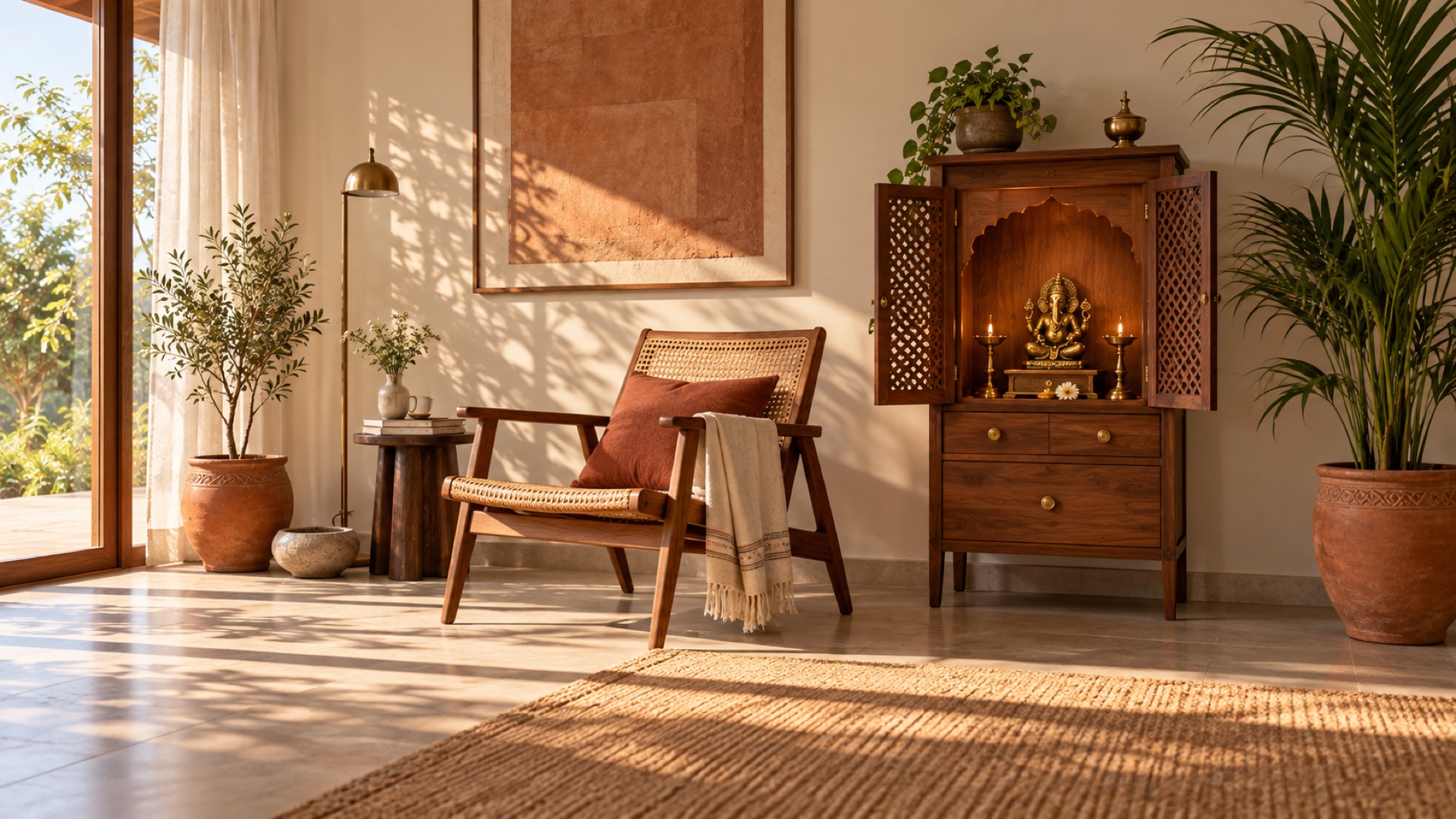 Sunlit reading and pooja corner with chair, shrine and plant