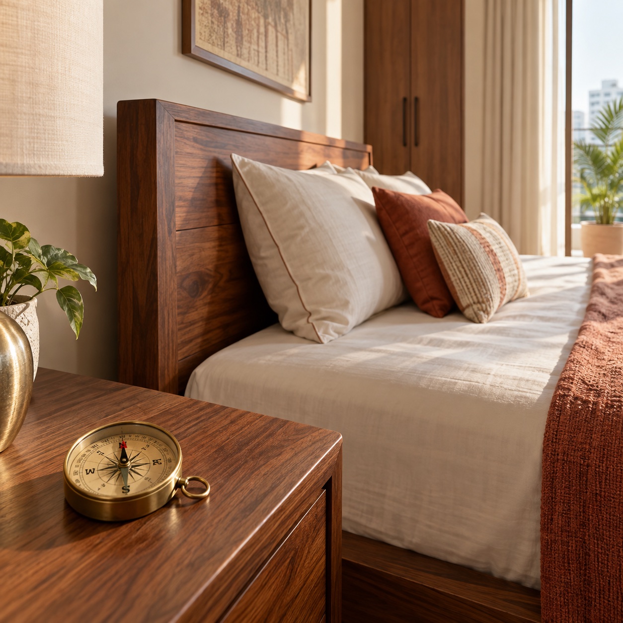 Brass compass beside a bedroom headboard, making the bed's head direction clear.