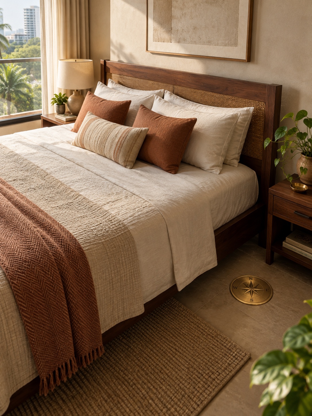 Warm Indian bedroom with its headboard aligned to a brass compass marker.