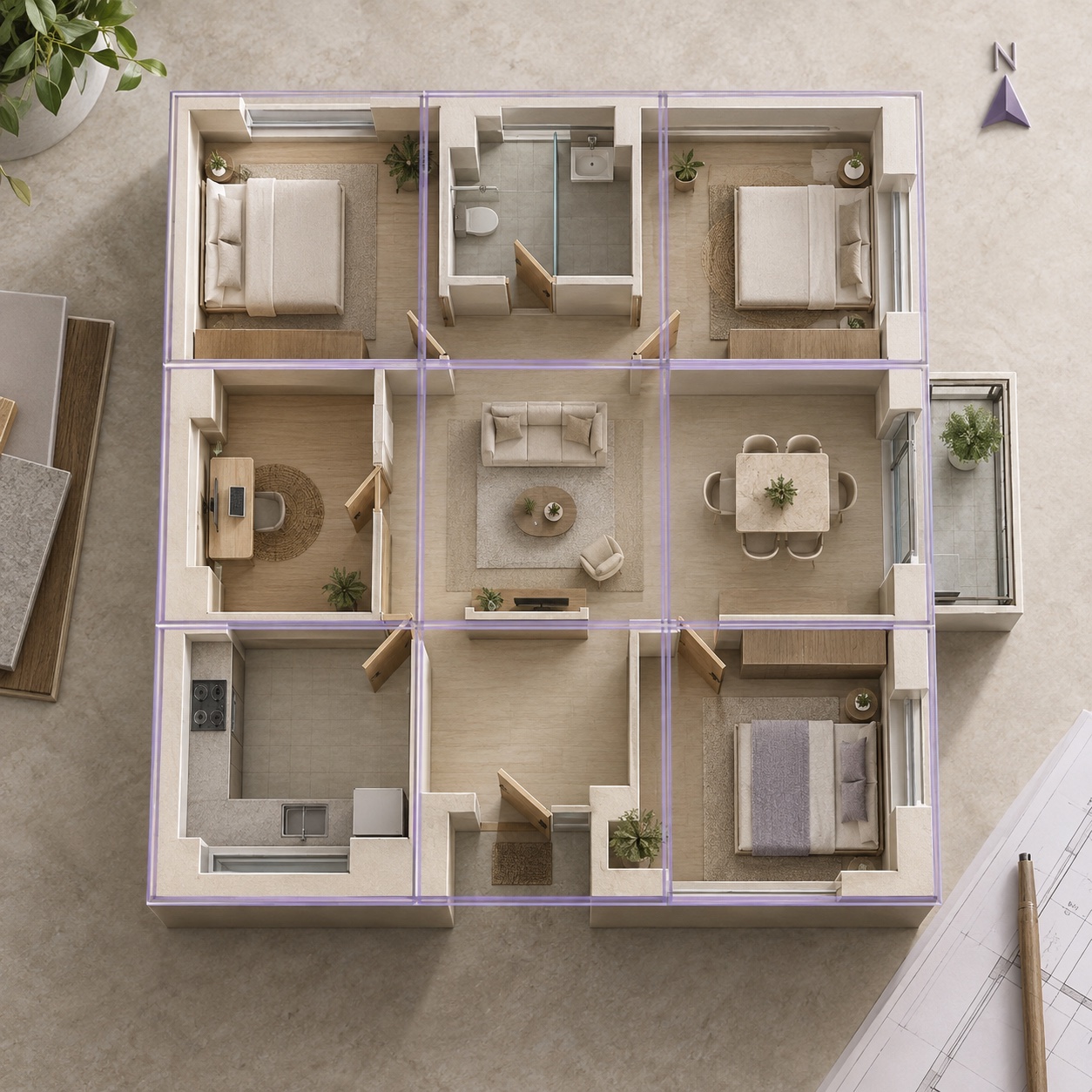 Top-down home plan divided into nine clearly visible Vastu zones.