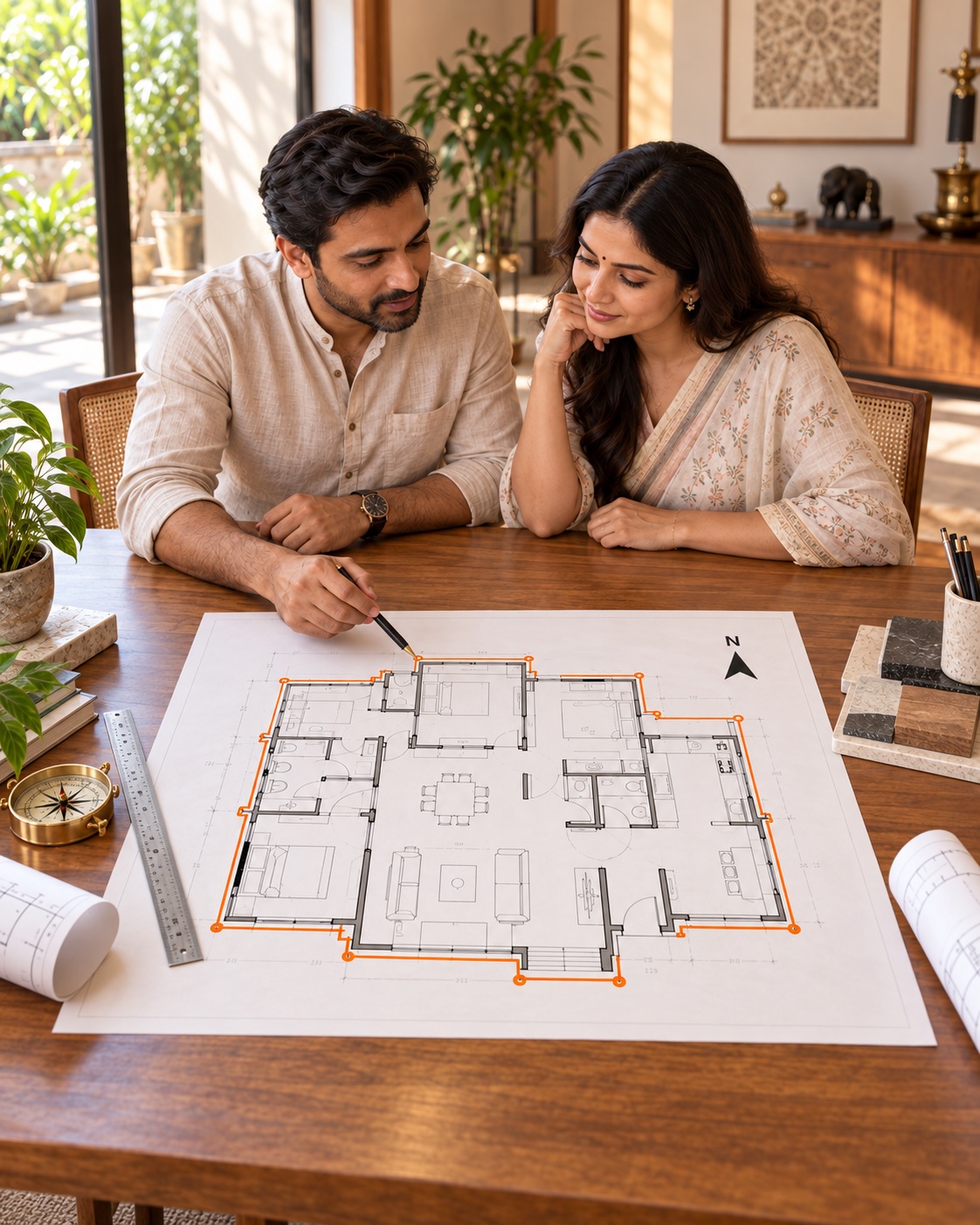 An Indian home floor plan moving from traced rooms to a directional Vaastu reading